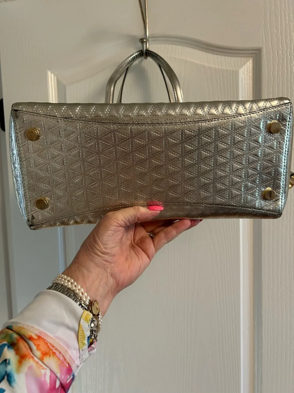 Michael Kors Metallic Silver Quilted Tote with MK Charm - Picture 4 of 15